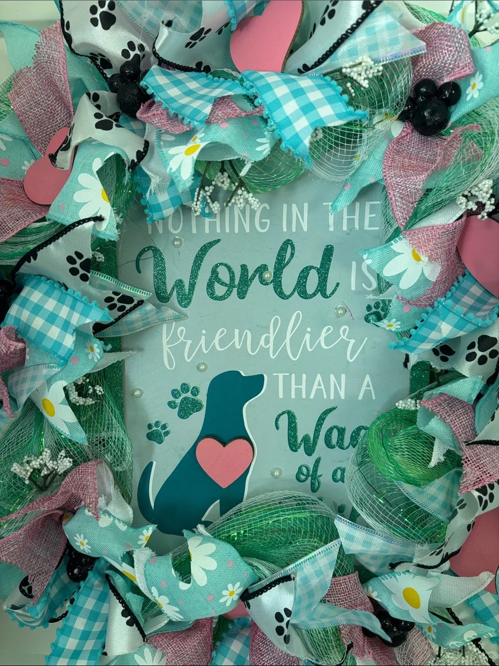 Hand Crafted Teal, Pink, White Dog-Themed Spring Wreath